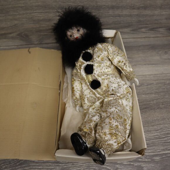 Vintage Victorian Court Jester Porcelain Clown Doll Black Gold Glitter Fuzzy - Picture 10 of 10